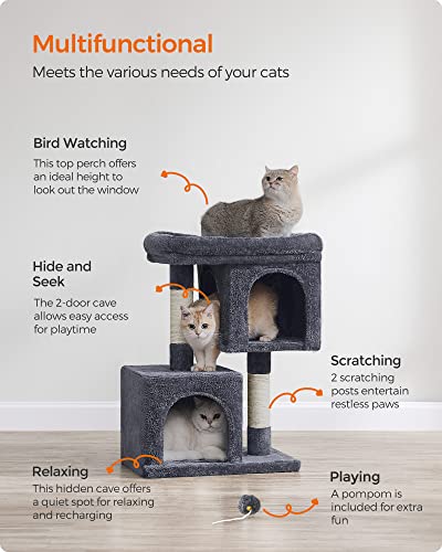 Light Gray Cat Tree with 2 Cat Caves and Scratching Post W3404
