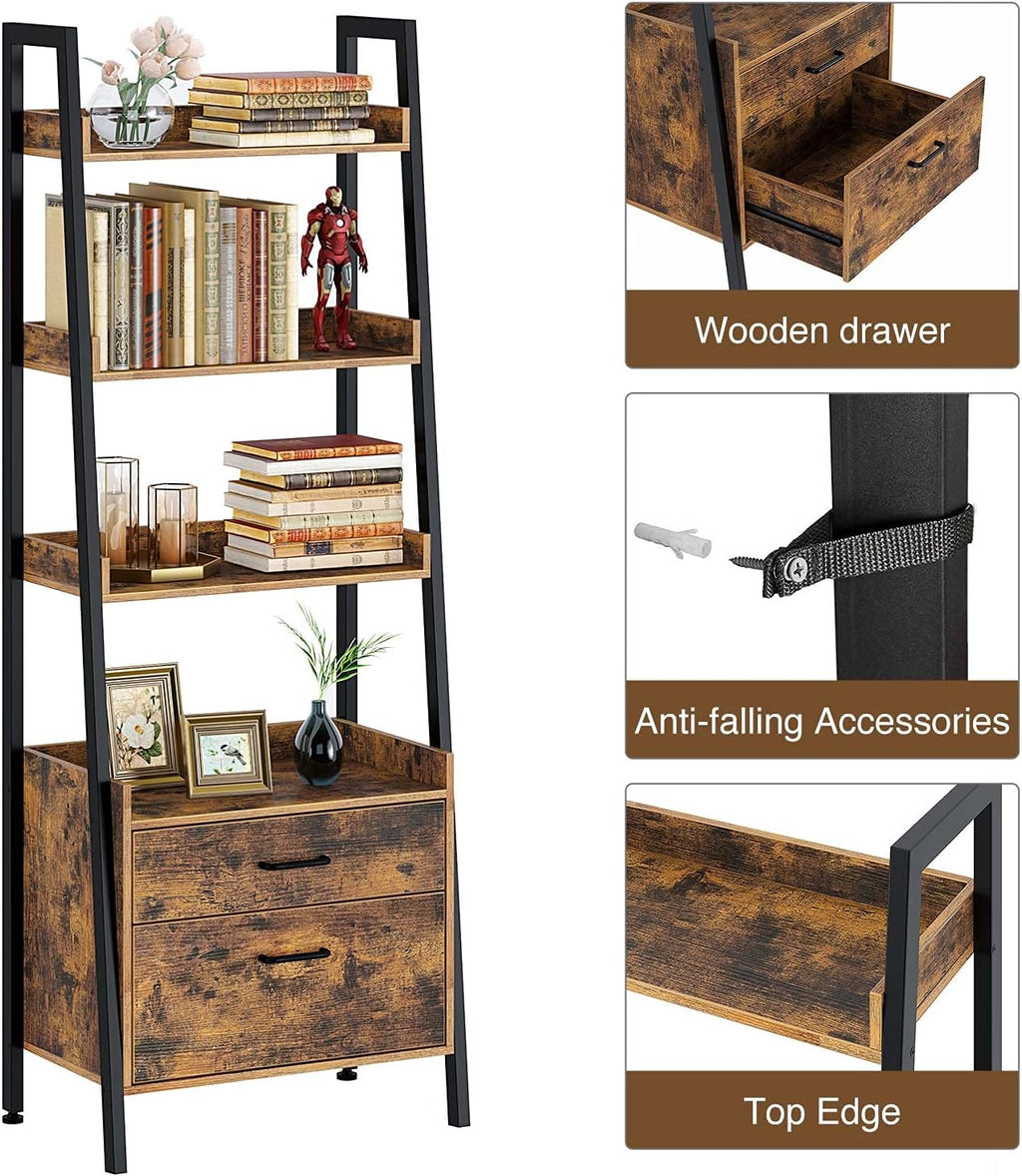 Rustic Brown 4 Tier Ladder Shelf with 2 Drawers Z9866