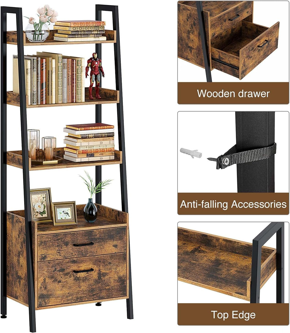 Rustic Brown 4 Tier Ladder Shelf with 2 Drawers Z9866