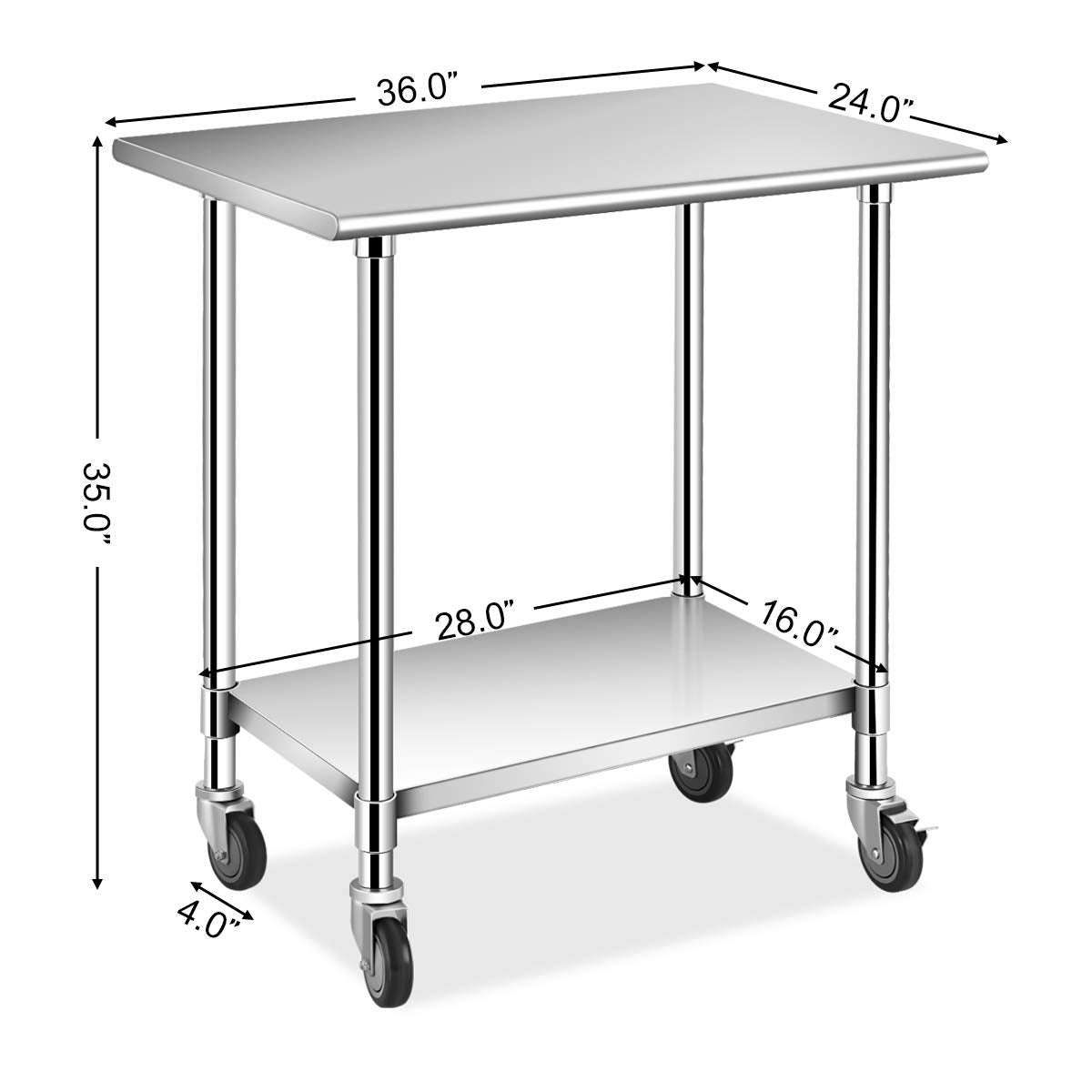 36 × 24 Inches Stainless Steel Work Prep Table with 4 Caster Wheels and Adjustable Lower Galvanized Shelf C8132
