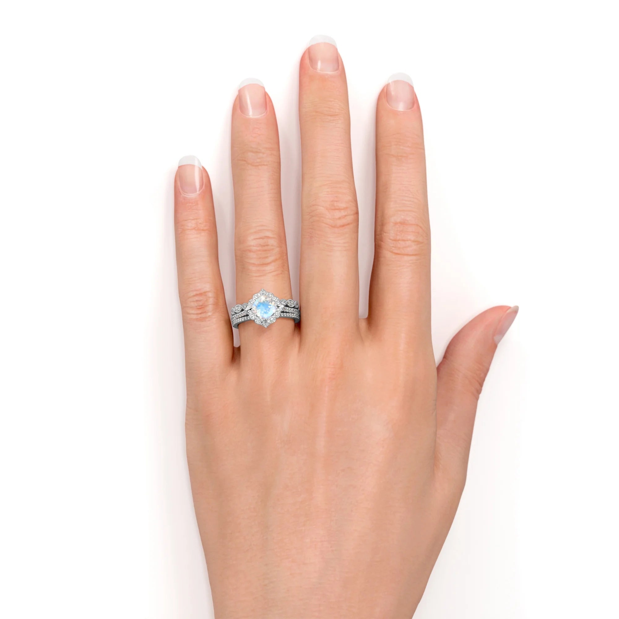 1.5 carat Cushion Blue Moonstone and Moissanite Wedding Ring Set in 18k White Gold over Silver Y181