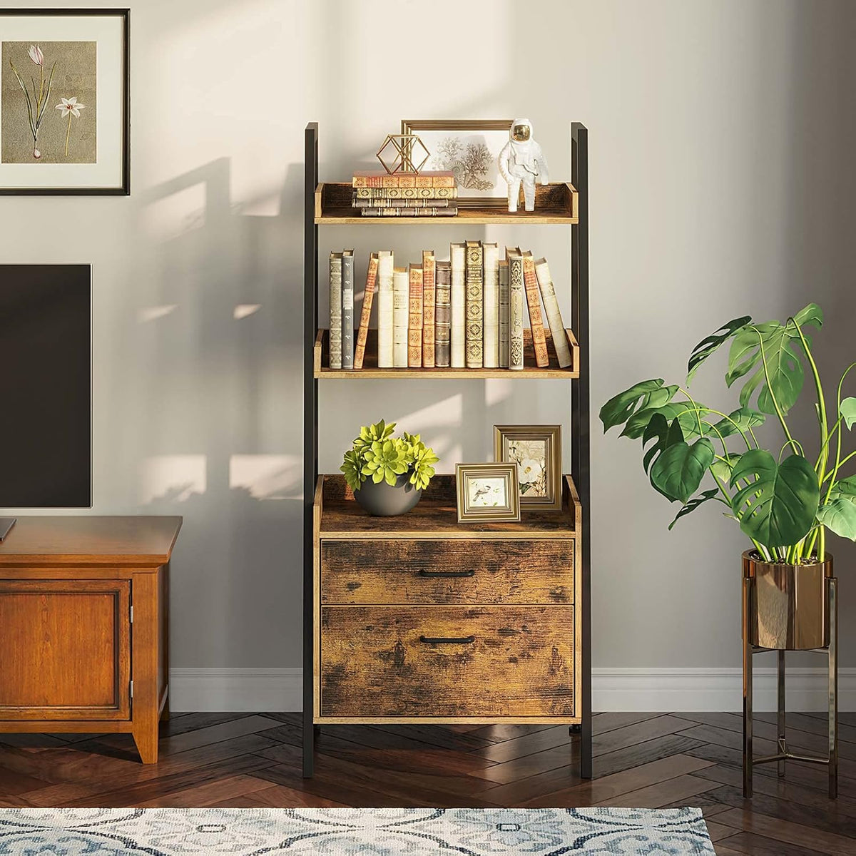 Rustic Brown 4 Tier Ladder Shelf with 2 Drawers Z9866