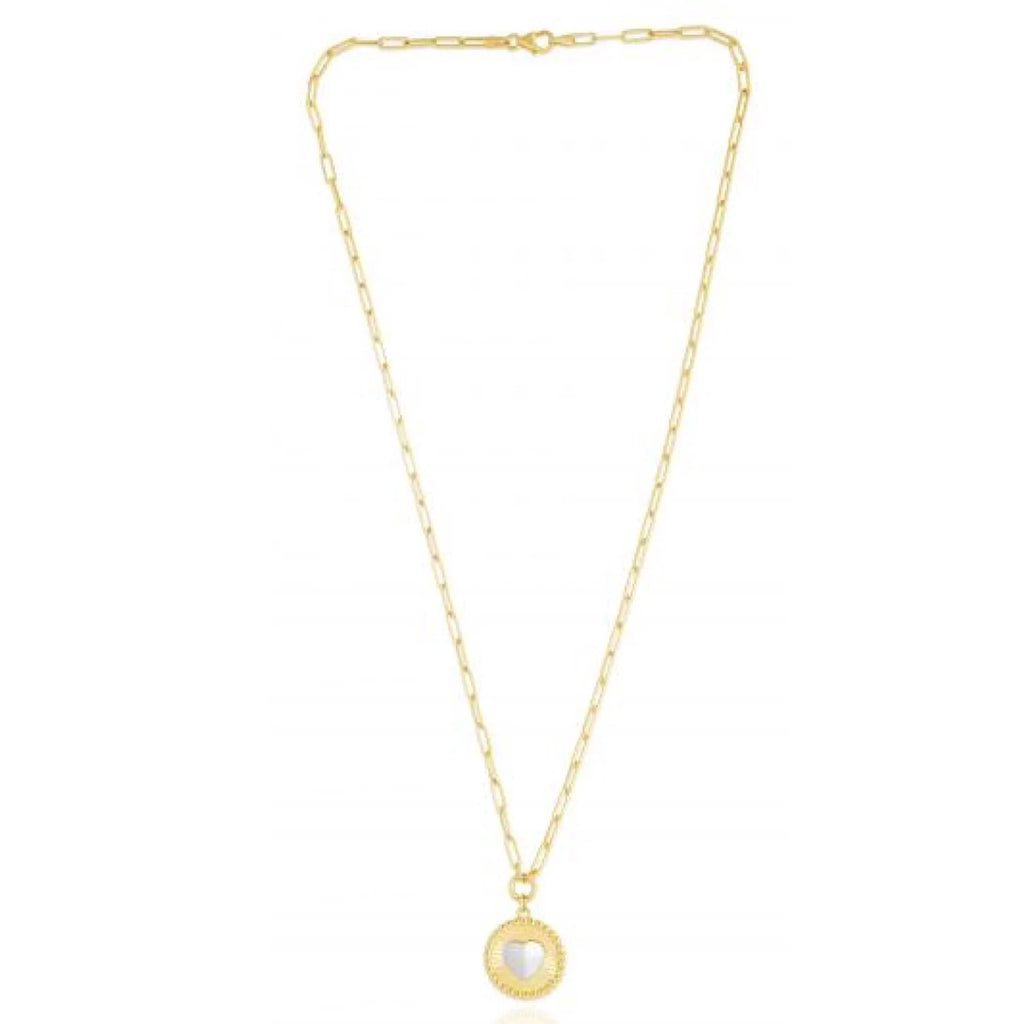 14K Gold Two-Tone Yellow White Round Heart Medallion Paperclip Necklace 18" P7974