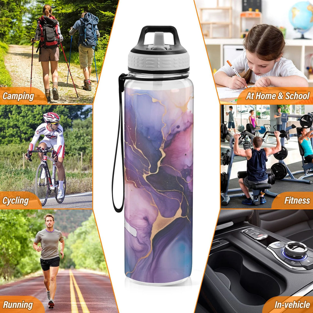 Purple and Blue Marble 32oz Tritan Leakproof Water Bottle with Straw Y566358