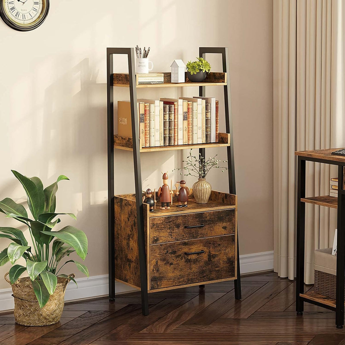 Rustic Brown 4 Tier Ladder Shelf with 2 Drawers Z9866