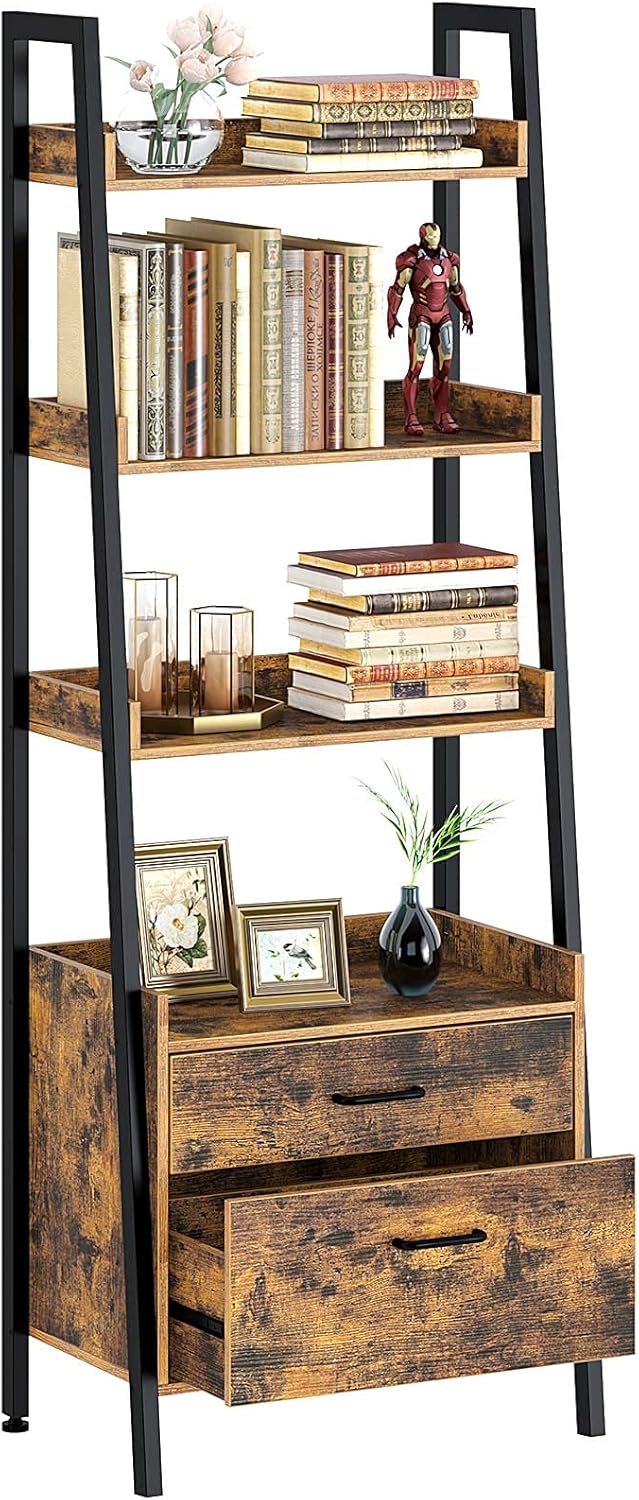 Rustic Brown 4 Tier Ladder Shelf with 2 Drawers Z9866