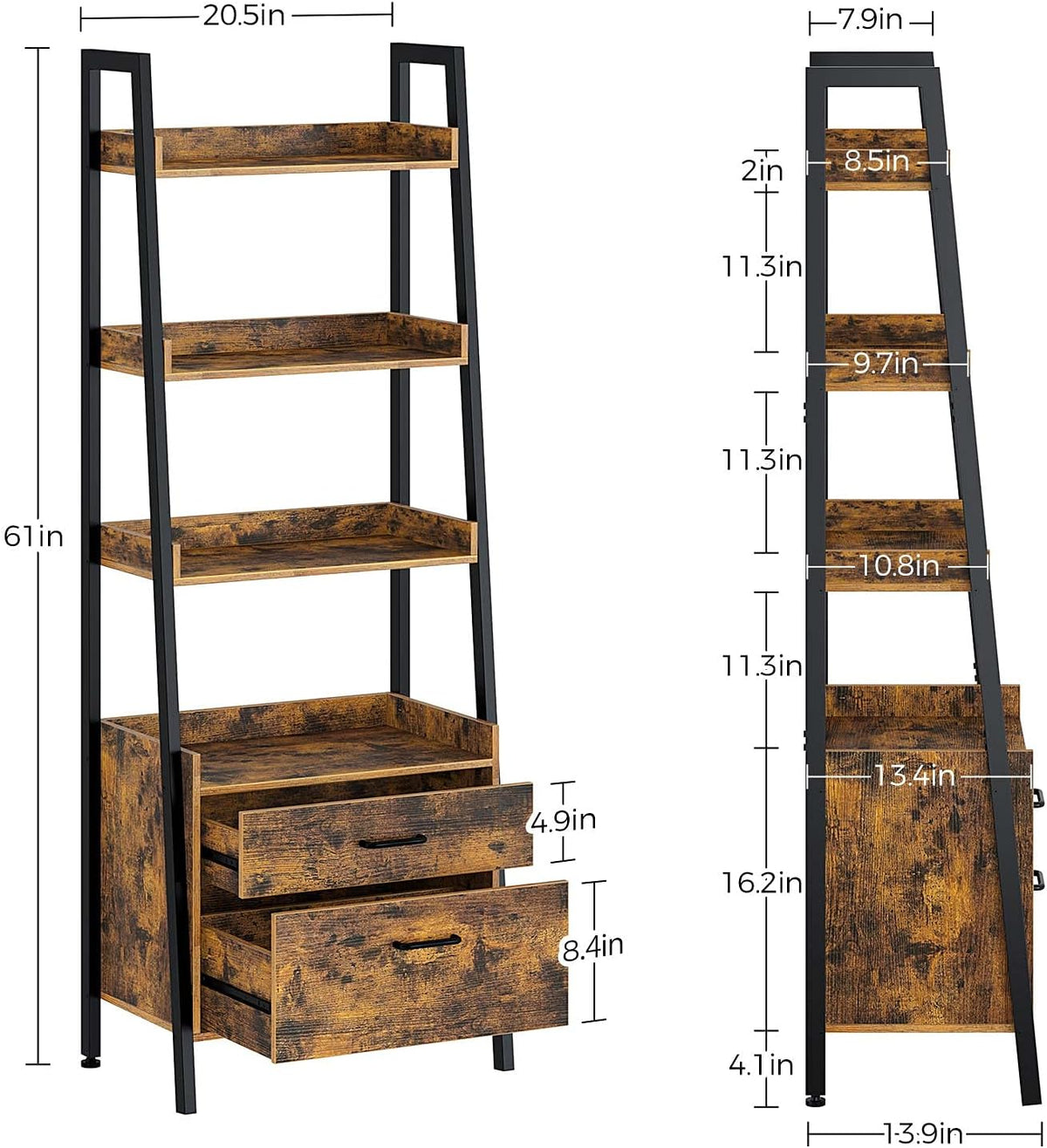 Rustic Brown 4 Tier Ladder Shelf with 2 Drawers Z9866