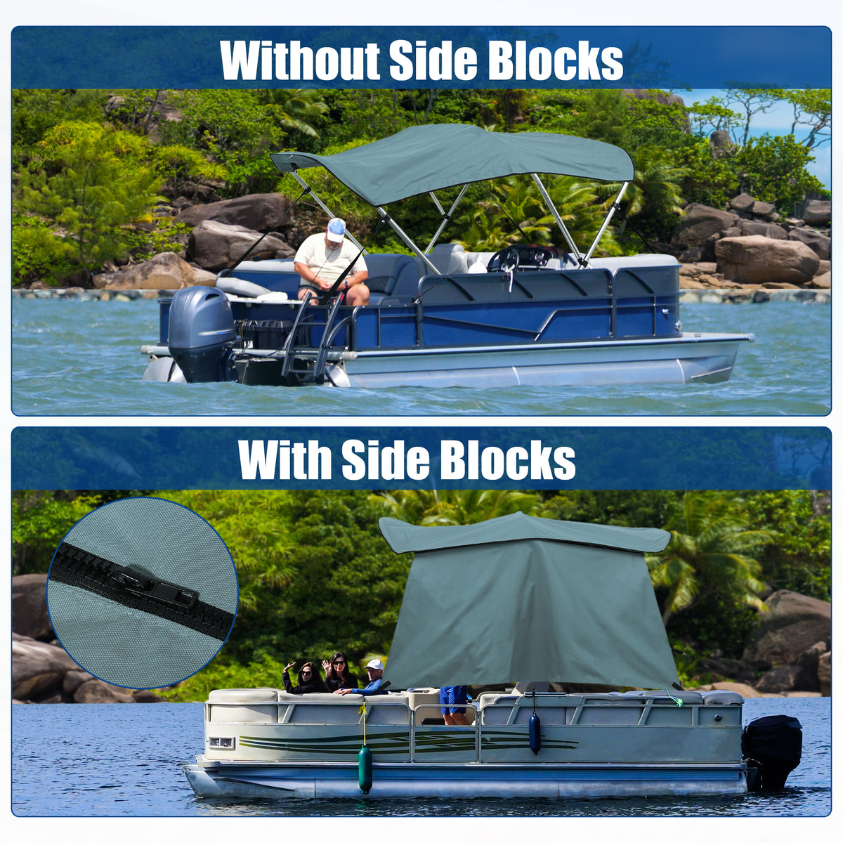 600D 3 Bow Bimini Top Canvas Cover with Detachable Side Blocks Storage Boot Gray U7447
