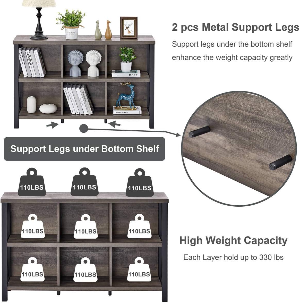 Rustic 6 Cube Storage Organizer with Shelf, Wood and Metal Cubby Bookcase, Industrial Horizontal Bookshelf A688