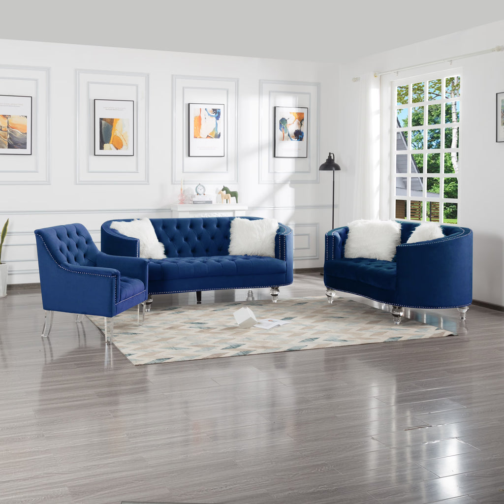 Navy Blue Velvet 3 Piece Living Room Set S646147