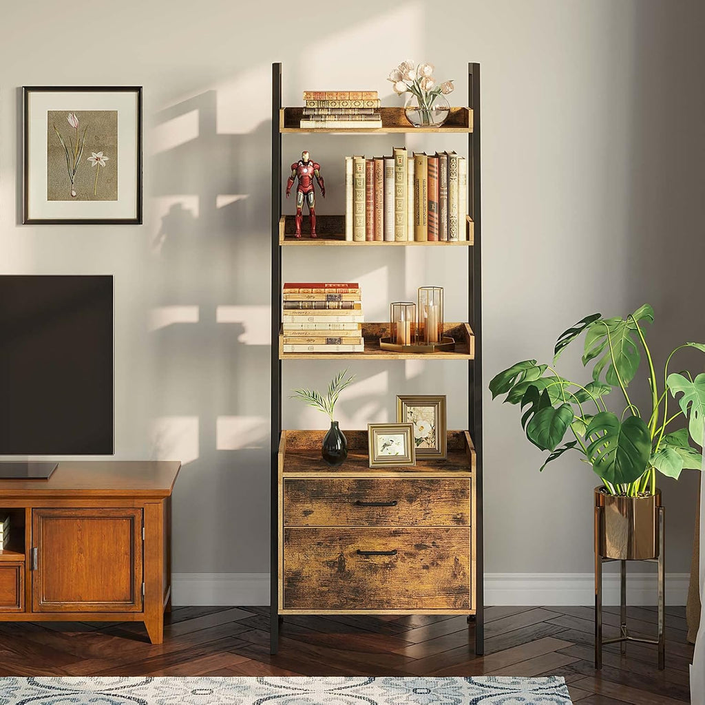 Rustic Brown 4 Tier Ladder Shelf with 2 Drawers Z9866