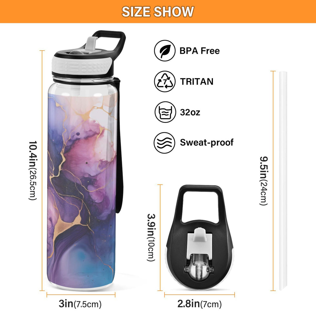 Purple and Blue Marble 32oz Tritan Leakproof Water Bottle with Straw Y566358