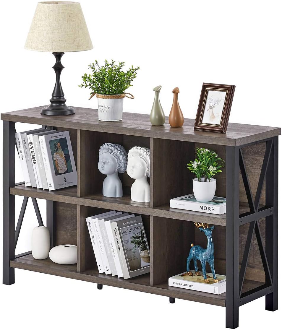 Rustic 6 Cube Storage Organizer with Shelf, Wood and Metal Cubby Bookcase, Industrial Horizontal Bookshelf A688