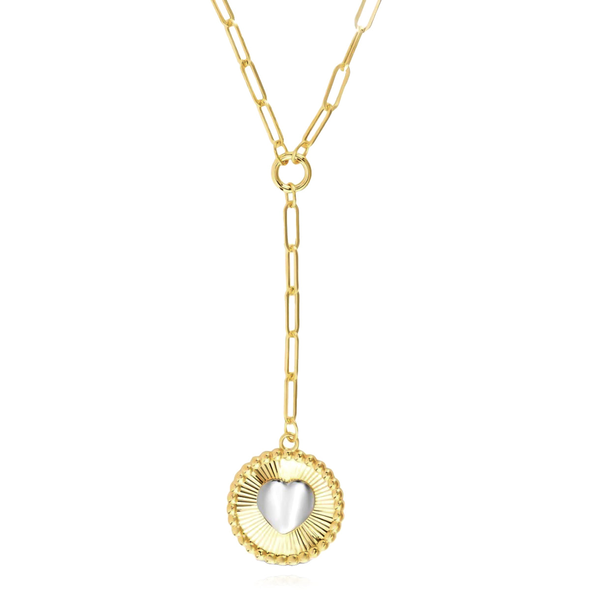 14K Gold Two-Tone Yellow White Round Heart Medallion Paperclip Necklace 18" P7974