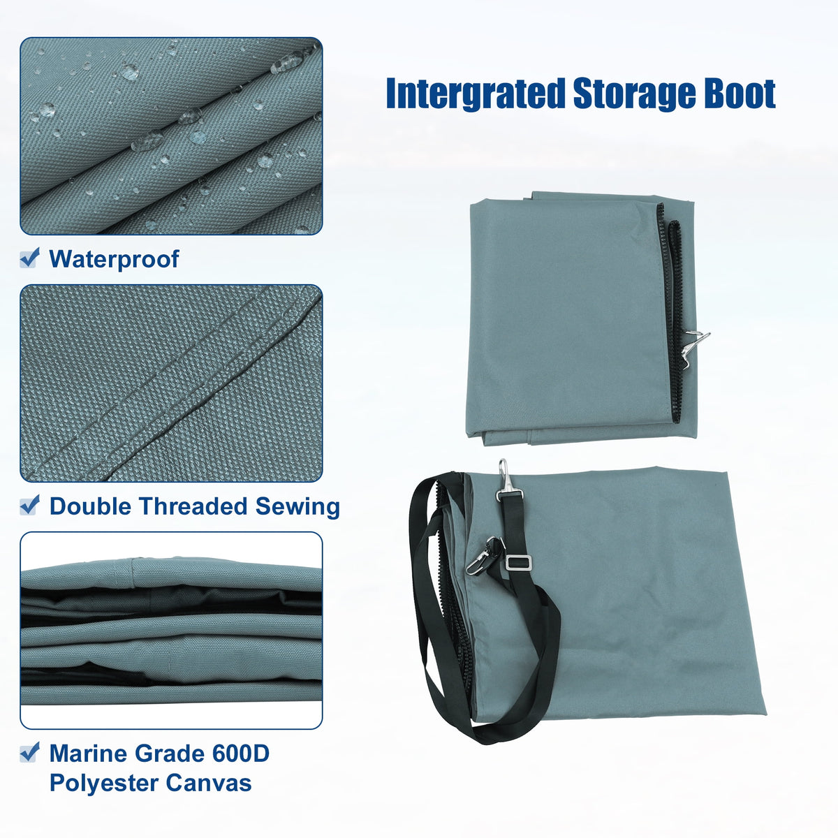 600D 3 Bow Bimini Top Canvas Cover with Detachable Side Blocks Storage Boot Gray U7447