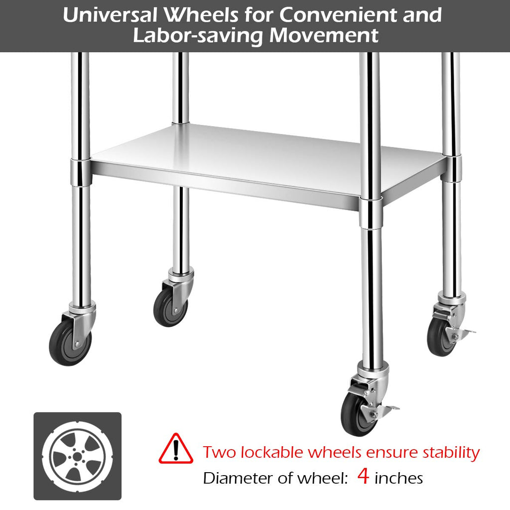 36 × 24 Inches Stainless Steel Work Prep Table with 4 Caster Wheels and Adjustable Lower Galvanized Shelf C8132