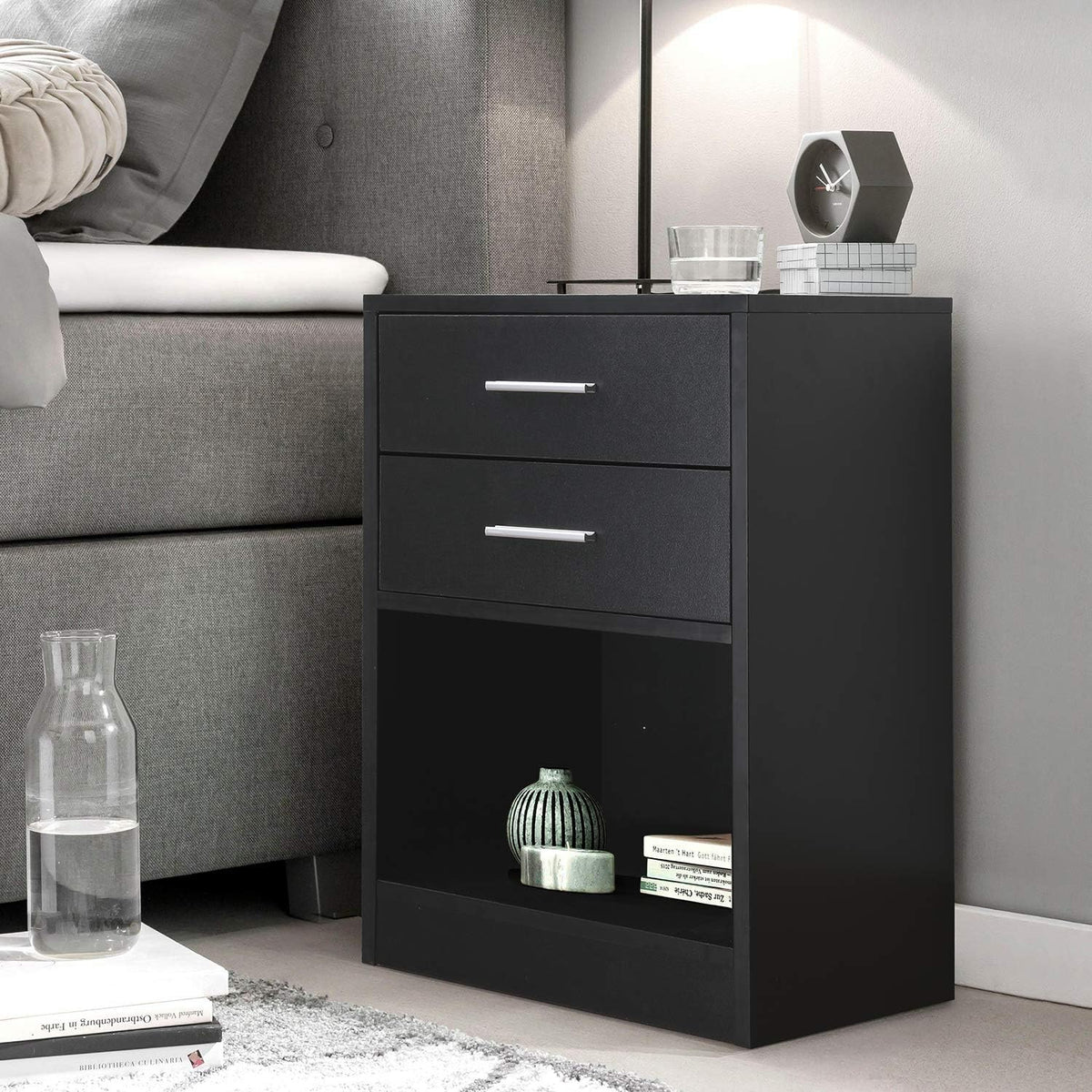 Black Double Drawer Nightstand with Shelf K24728