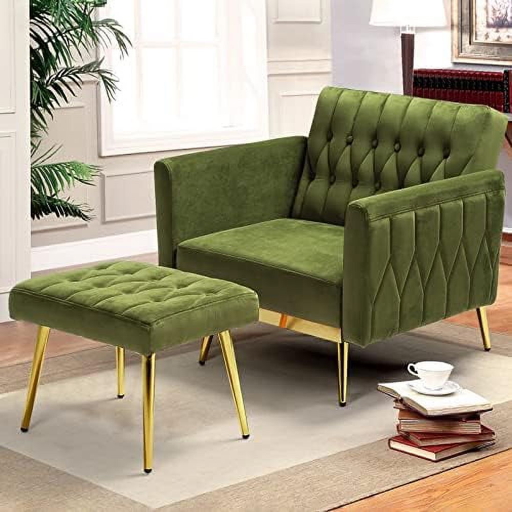 Velvet Accent Chair with Ottoman and Pillow Olive Green T8952