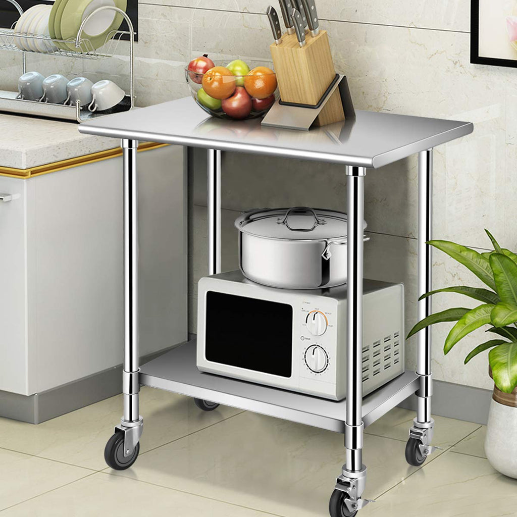 36 × 24 Inches Stainless Steel Work Prep Table with 4 Caster Wheels and Adjustable Lower Galvanized Shelf C8132