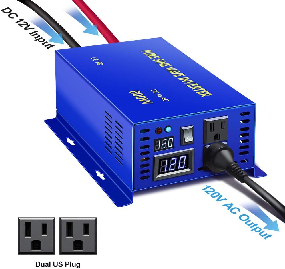 600W Pure Sine Wave Inverter 12v to 110v 120v dc to ac Dual US Plug U281