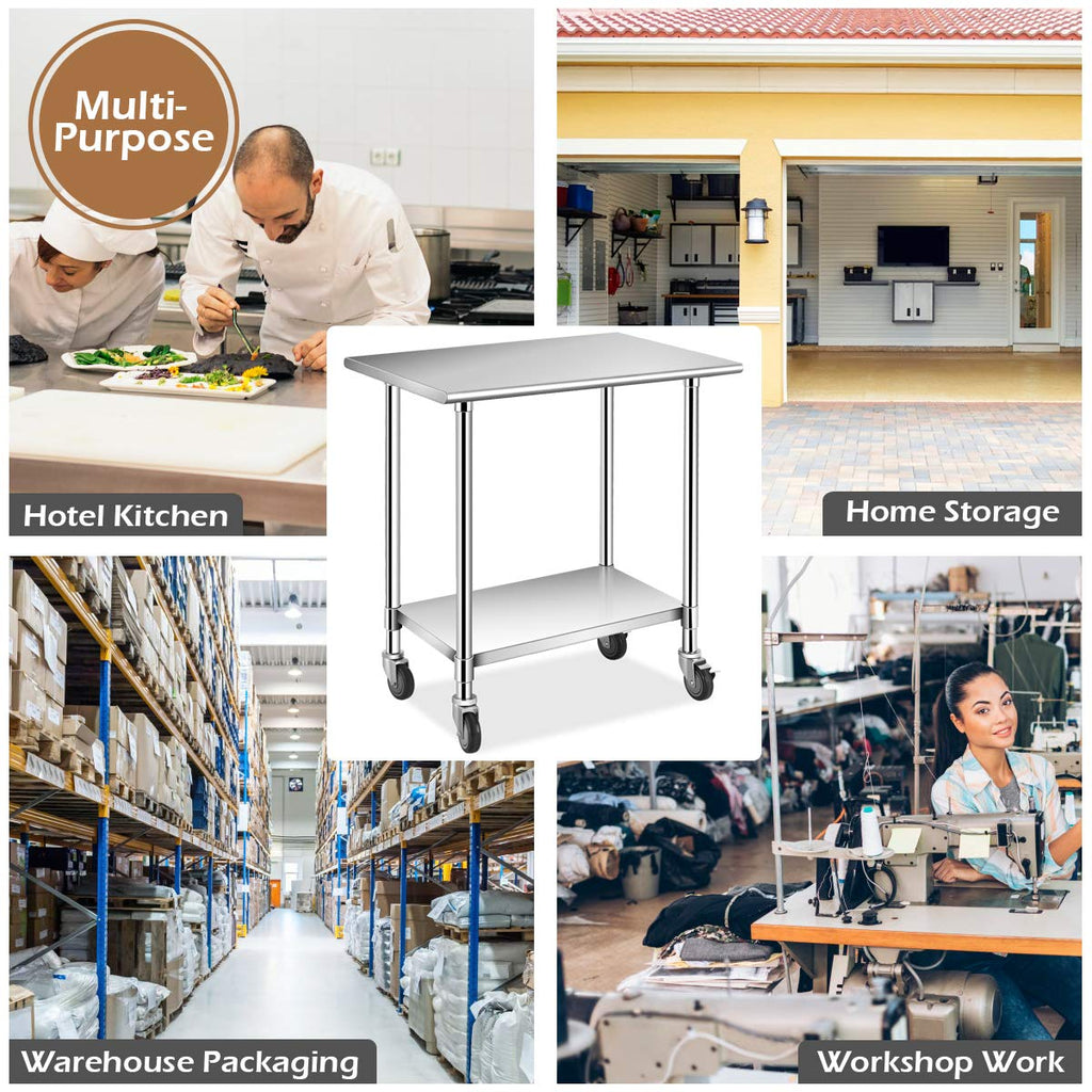 36 × 24 Inches Stainless Steel Work Prep Table with 4 Caster Wheels and Adjustable Lower Galvanized Shelf C8132