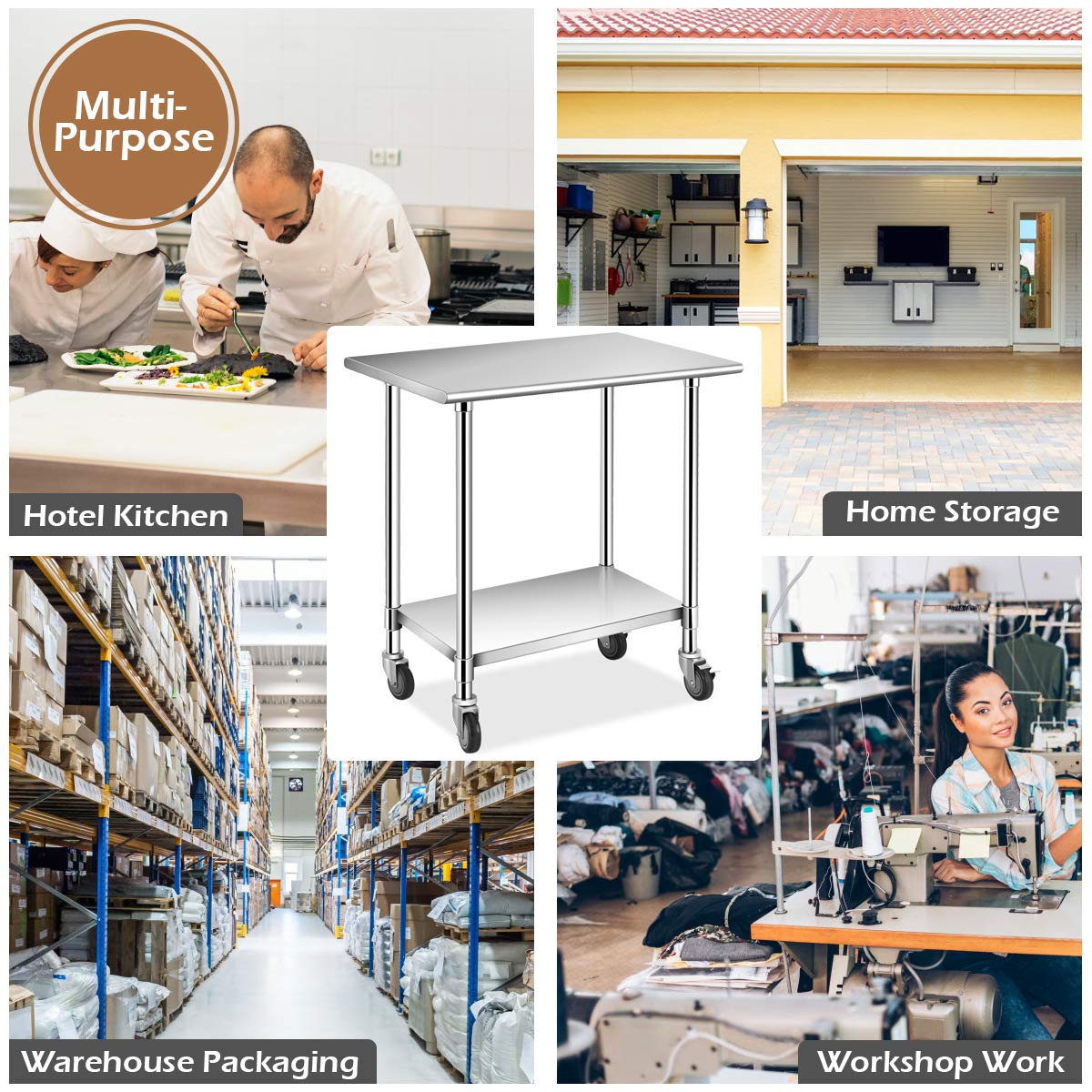 36 × 24 Inches Stainless Steel Work Prep Table with 4 Caster Wheels and Adjustable Lower Galvanized Shelf C8132