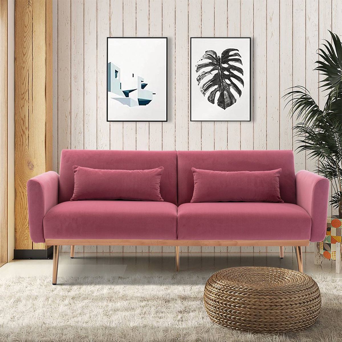 Pink Velvet Loveseat Sofa With Metal Feet J52186