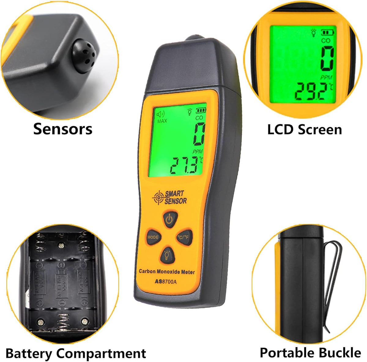 Handheld Carbon Monoxide Meter, 0-1000 ppm, Pack of 2 V93108