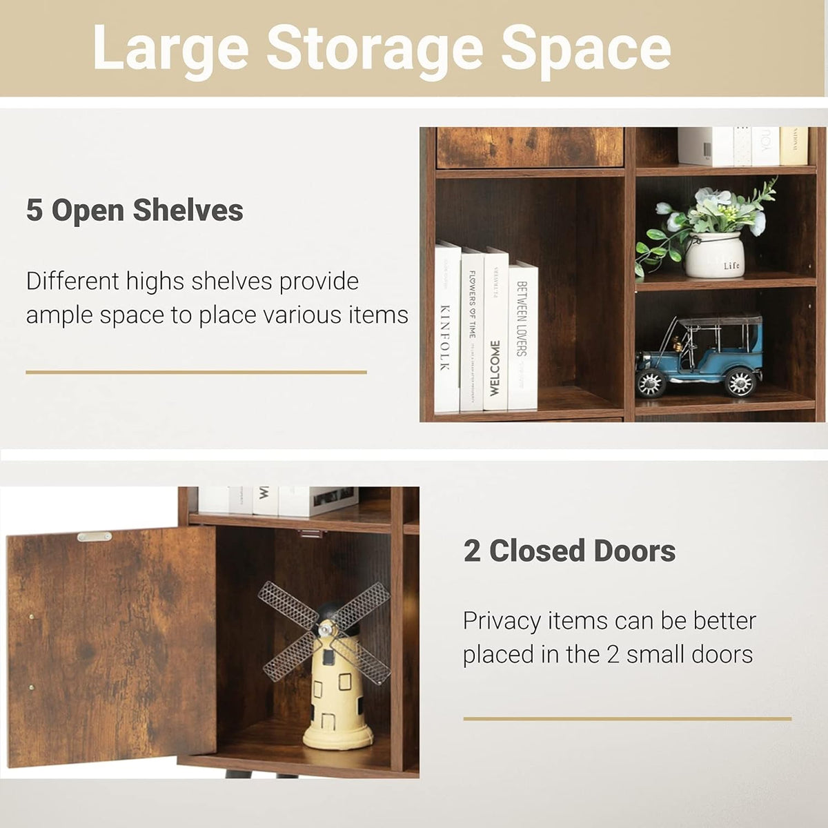 Large Storage Cabinet with 2 Doors, 5 Open Shelves, Adjustable Shelf, Rustic Brown U597