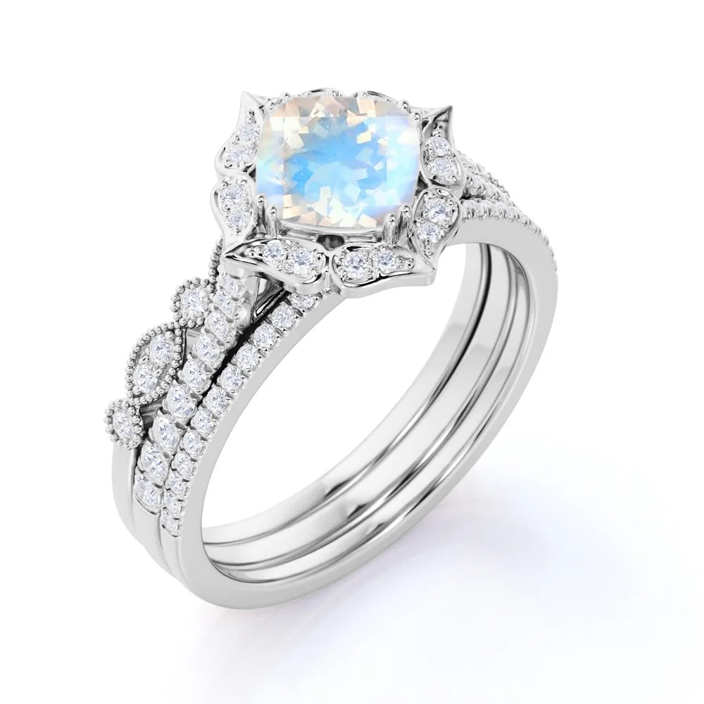 1.5 carat Cushion Blue Moonstone and Moissanite Wedding Ring Set in 18k White Gold over Silver Y181