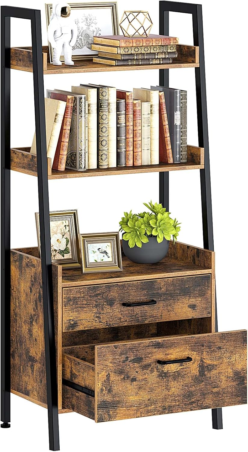 Rustic Brown 4 Tier Ladder Shelf with 2 Drawers Z9866