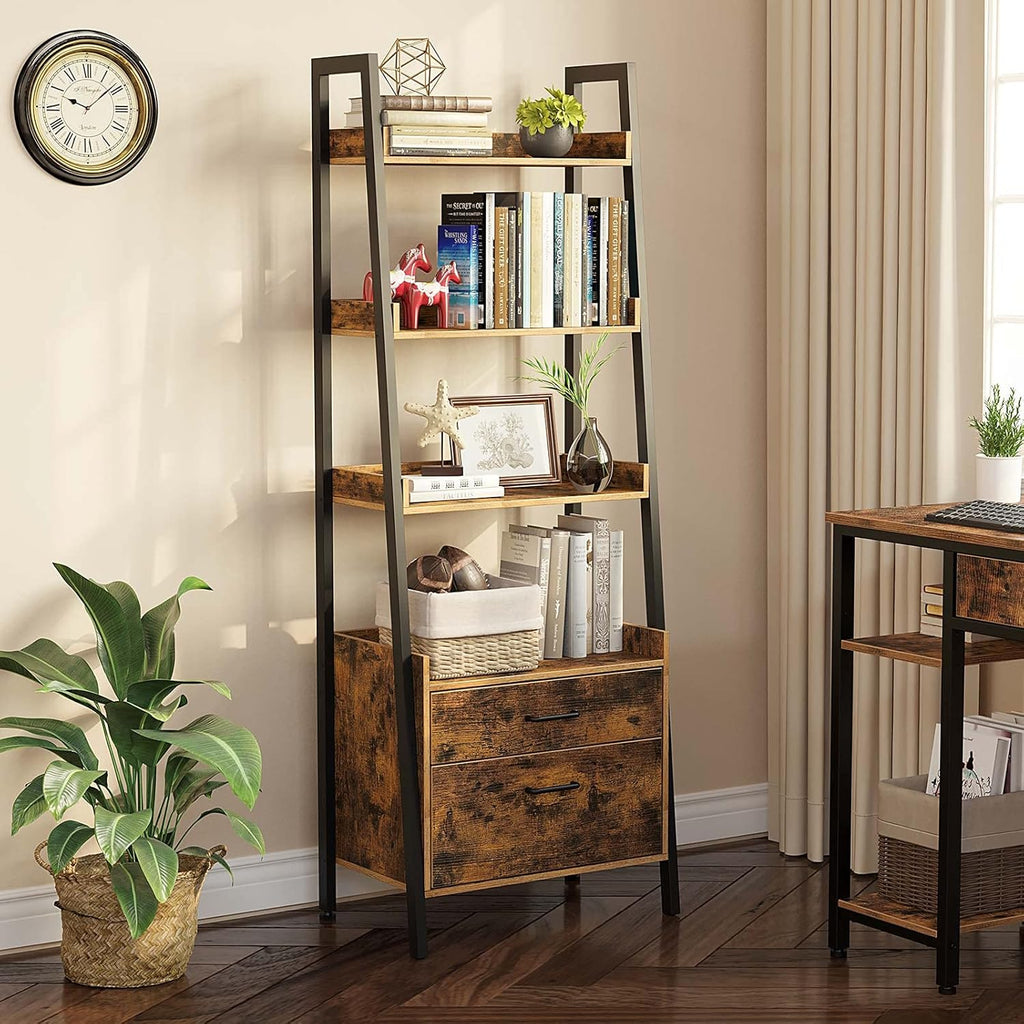Rustic Brown 4 Tier Ladder Shelf with 2 Drawers Z9866