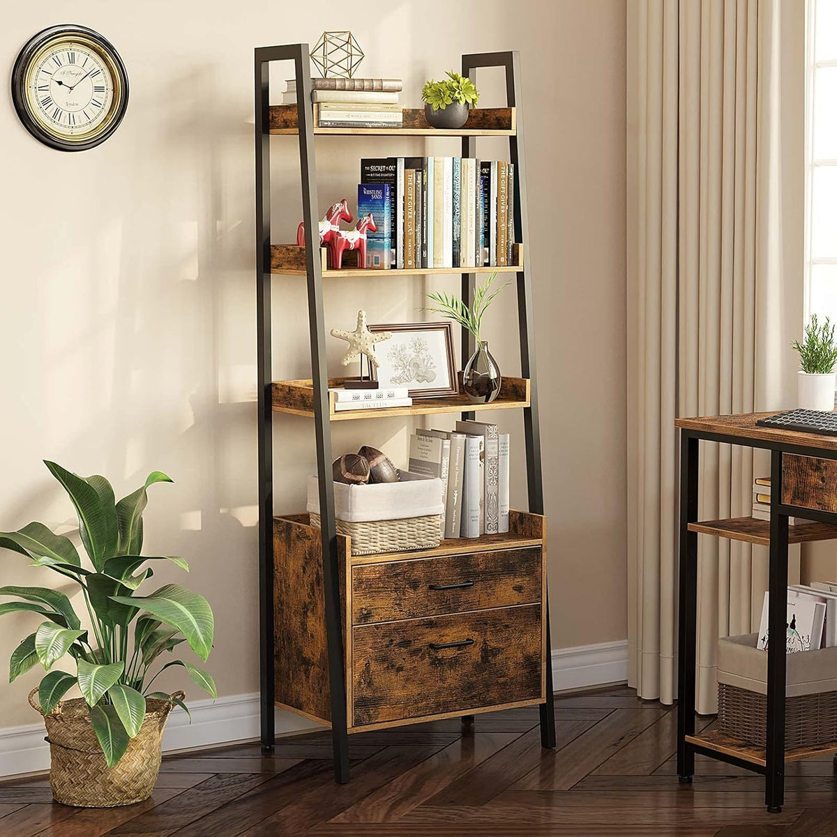 Rustic Brown 4 Tier Ladder Shelf with 2 Drawers Z9866