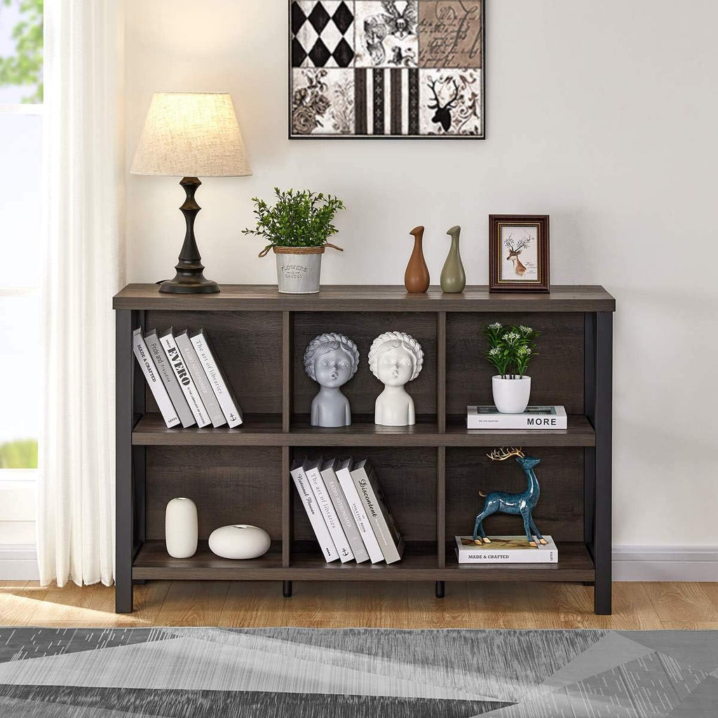 Rustic 6 Cube Storage Organizer with Shelf, Wood and Metal Cubby Bookcase, Industrial Horizontal Bookshelf A688