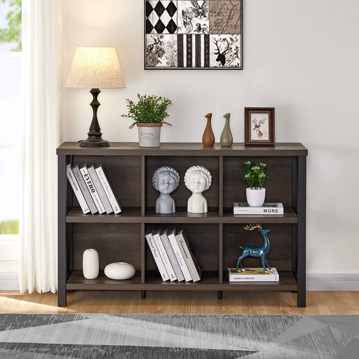 Rustic 6 Cube Storage Organizer with Shelf, Wood and Metal Cubby Bookcase, Industrial Horizontal Bookshelf A688
