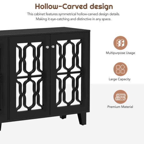 Black 4-Door Mirror Hollow-Carved Buffet Cabinet with Adjustable Shelves Y802