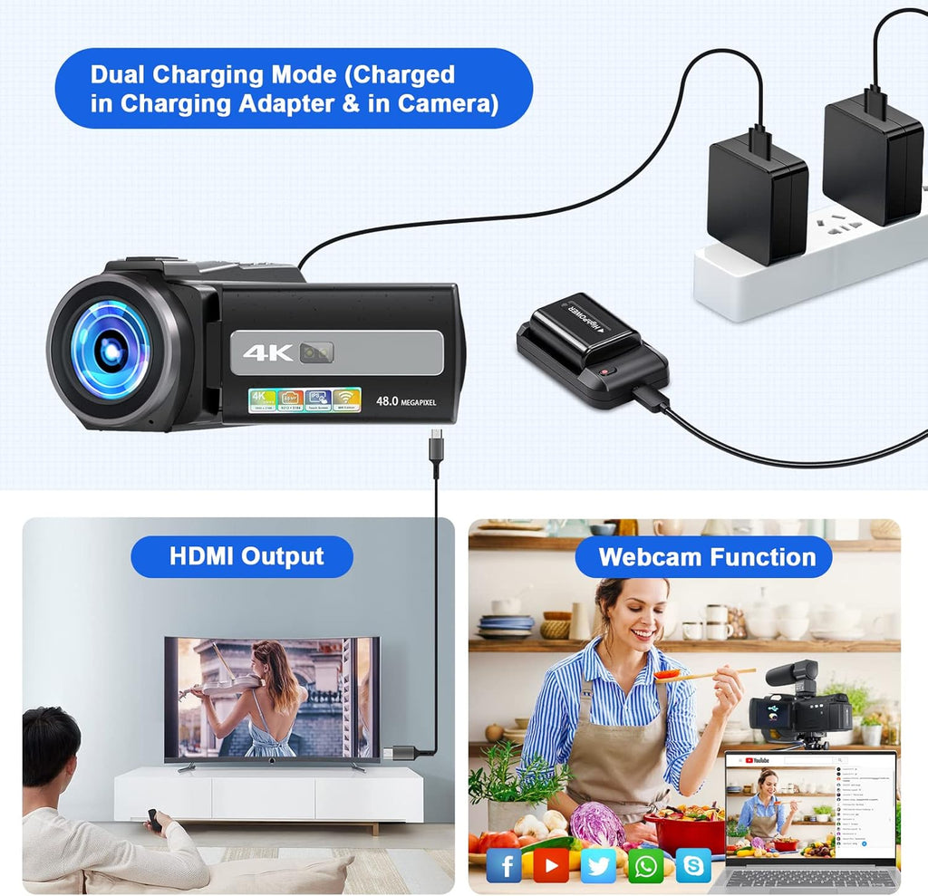 4K 48MP 60FPS WiFi Camcorder with Battery Charger J908